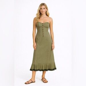 To The Max Olive Green Strapless Button Front Ruffle Midi Dress Size 6